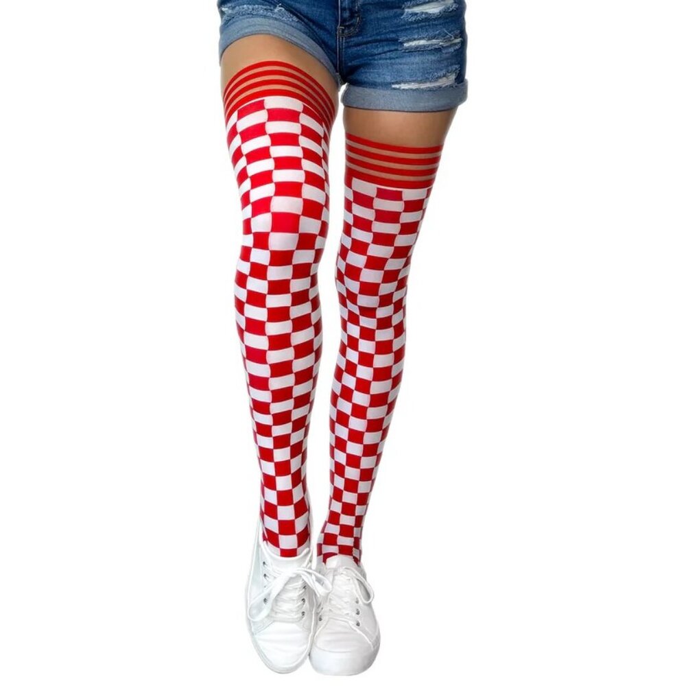 Kixies Game Day Red and White Thigh High Stockings No Slip Grips Size A NEW